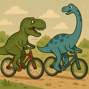 Tyranosaurus rex na který jeden na červenem kole a ujíždí mu brontosaurus na modrem kole
