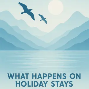 průsvitné, světle modrá, hory, slunce, moře, dva letící ptáci. Pod obr. text: What happens on holiday styas on holiday