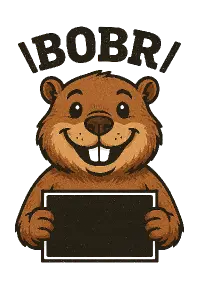 zvire bobr, nahore text "bobr", takovy ten jakoby co se dela na tricka, s usmevem, jako kriminalnik kdyz drzi tu ceduly