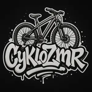 Text CykloZmdr v stylu grafity ale čitelný s obrysy horského kola,text je černobílý se stinovanim.Podklad textu je černý