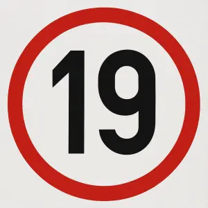 Číslo 19, vybedené černou barvou, umístěné v červeném kruhu.