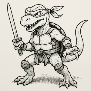 jenom bilou nakresleny ninja dinosaurus ve stylu teenage mutant turtles