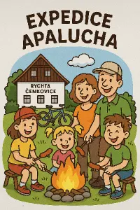 popis: Expedice Apalucha,postavičky dětí a rodičů, cyklo kola, rychta Čenkovice v pozadí ,oheň a špekáčky, veselé obliče