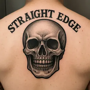 Tattoo style, straight edge, skull on the back