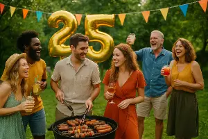 Party, grill, čísla 25 a 50, zábava, drinky, příroda