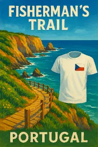 Fisherman trail napis a obrázek a tričko s vlajkou české republiky barevný obrázek bez rybáře.Je to stezka v portugalsku