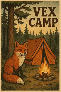 lišak s stanem a se stromem v lese napis vex camp