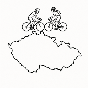 obrys mapy české republiky a po severní hranici směr východ jedou dva cyklisti