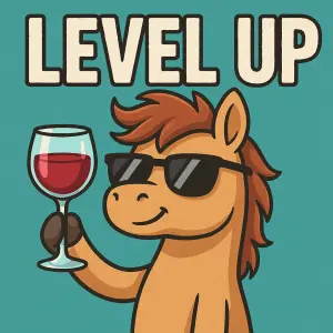 Nápis LEVEL UP a obrázek poníka ve slunečních brýlích zvedajícího sklenku s vínem.
