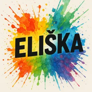 Jméno Eliška černým výrazným písmem pod jménem je široký na šikmo barevných cákanců inspirovaných malířskými skvrnami.
