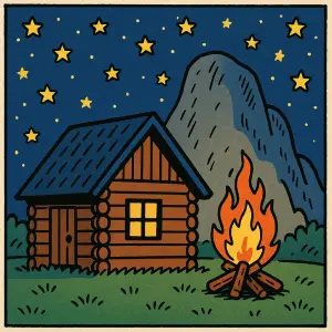 Jasná noc, hvězdy. Dřevěná chata na trávě, z pravé strany za ní táborák a za tím vším skála. Styl komiks čtyřlístek.