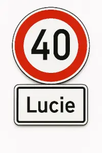 Dopravní značka Omezená rychlost 40 km/h a pod touto značkou je dodatková tabule s nápisem Lucie.Pozadí jen bílá barva.