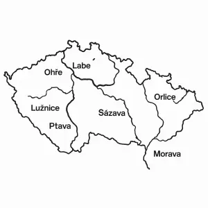 mapa čr správně umístěné řeky sjízdné pro vodáky text pouze u názvů řek bílé pozadí