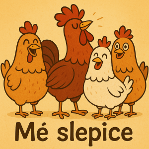 Veselé slepice, roztomilé s naparujícím se kohoutem uprostřed.S popiském "Mé slepice"