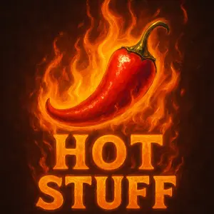 Chilli paprička s nápisem pod ní hot stuff v plamenech oboje
