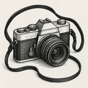 nakreslený retro fotoaparát v černobílém provedení na popruhu