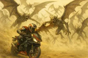 motocykl jezdec racing aprilia ujizdi horde letajicich demonu s obrimy kridly trhajici z ramen kombinezu, svetla scena