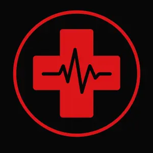 Červený zdravotnický kříž s EKG linkou. V černém podkladu. Tvar kruh