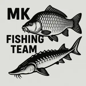 MK Fishing Team na levé straně a dole kapr a jeseter