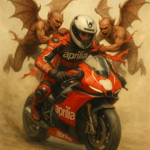 racing moto aprilia zavodnik, dva letajici demoni s kridly z kazde strany trhajici kusy kombinezy z ramen, svetly obraz