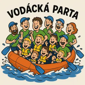 Vytvoř mi prosím vtipný vodácký motiv pro partu 12 dospělých a 4 děti