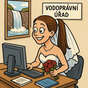 obrázek karikatury nevěsty, která pracuje na vodoprávním úřadě. Má hnědé dlouhé rovné vlasy a má je vždy v culíku
