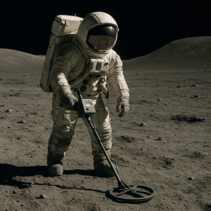 Kosmonaut ve skafandru jak na měsíci hledá s detektorem kovů