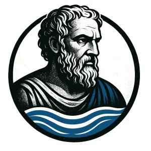obrázek filozofa Heraikleita - cool grafika, bílé pozadí a profil filozofa v kolečku s prvkem řeky. Bez názvu filozofa