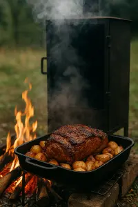obrázek s masem na pekáči a udírnou na ohni