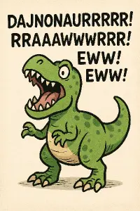 Text "Dajnonaurrrrr! Rraaawwwrrr! Ewwe! Ewwe!" A obrázek kresleného dinosaura