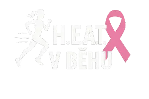 Bílý text “H.E.A.T. v běhu” v běžeckém motivu bez těch uvozovek s růžovou stužkou za boj proti rakovině prsu