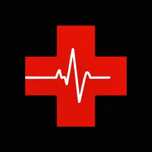 Červený zdravotnicky kříž s bílou EKG linkou. Na černém podkladu