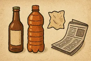 Kreslená skleněná láhev od piva, PET láhev, starý papír, noviny.