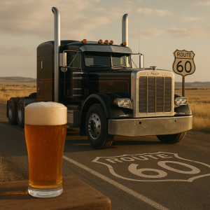 Černý nebo červený Kamion americký s čumákem v pozadí americké pláně, číslo 60 a pivo