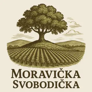 Nápis: MoravičkaSvobodičkas obrázkem stromu na kopci nad vinicí