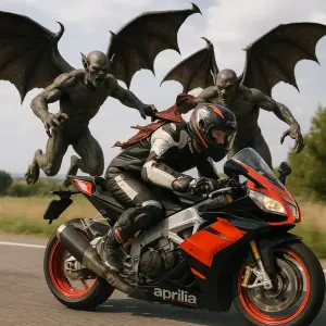zavodnik racing aprilia ujizdi dvoum letajicim demonu s obrimy kridly trhajici z ramen kombinezu, svetla scena real foto