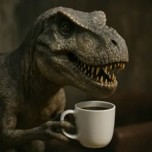 dinosaurus co pije kafe a je ve 4k realistické kvalitě
