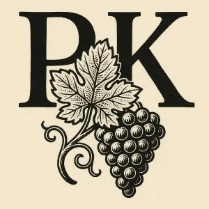 Iniciály P. K. a motiv vinné révy - list a hrozen.