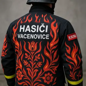 červeno-oranžové plameny ve tvaru slováckých lidových vzorů. Na zádech Hasiči Vacenovice. Na rukávu přezdívka (Kikina)