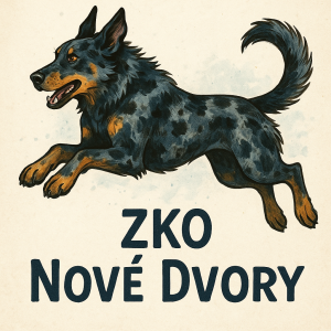 Beauceron ve zbarvení harlekýn, spise tmavsi, ve skoku,a u toho napis ZKO Nové Dvory. Spise kreslenej obrazek