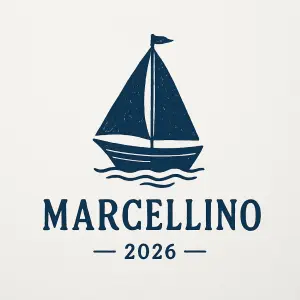 jednoduchá tmavomodrá kresba plachetnice, bílé pozadí, mořský, pohodový vibe, nápis MARCELLINO a mezi čárami 2026