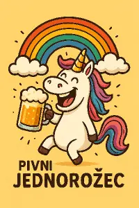 Humorný jednorožec pijici pivo Text: s pivem i duha bude