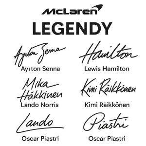 Podpis :Ayrton Senna , Hamilton,Hakinen, Raikkonen,Lando Boris,Piastri . Nad podpisama nápis:Legendy a logo McLaren