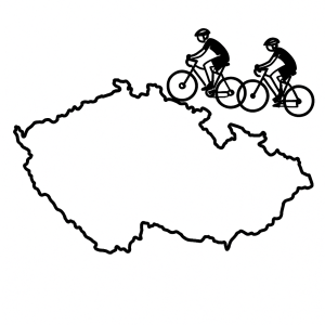 obrys mapy české republiky a po severní hranici směr východ jedou dva cyklisti