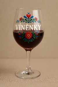 sklenice na víno s nápisem Víněnky, klidně laděné trochu do moravsky