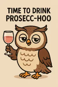 Krátký vtipný text obsahující narážku na víno nebo prosecco a k tomu sovu nebo jednorožce.