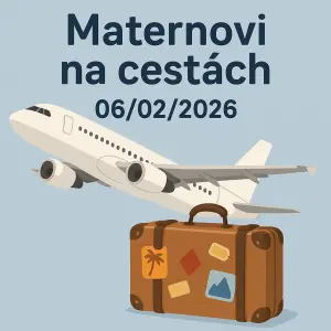 Letadlo a kufr značící cestování a u toho nápis Maternovi na cestách 06/02/2026
