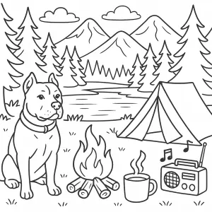 určitě pes staford, les, hory, rybník, kafe, stan, hudba, Ale spíš jako kreslené aby to bylo spíš jako výkres, omalovánk