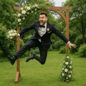 muž ve svatebním obleku s kyticí proskakuje (letí) přímo skrz chomout, styl efektního Air Jordan skoku, scéna v zahradě