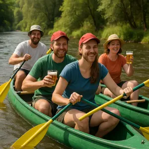 vodácká parta jede Sázavu, kánoe, pádla, pivo, radot